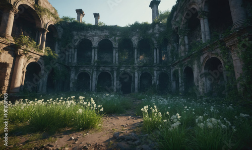 A crumbling, stone building with arched doorways is overgrown with greenery and wildflowers in the morning sunlight photo