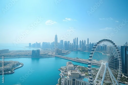 Aerial view of modern city skyline with skyscrapers and ferris wheel
