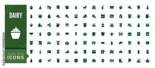 Dairy icons collection. Beverage flat set of dairy vector icons for ui design. Filled icon set, Solid icon pack. Vector illustration.