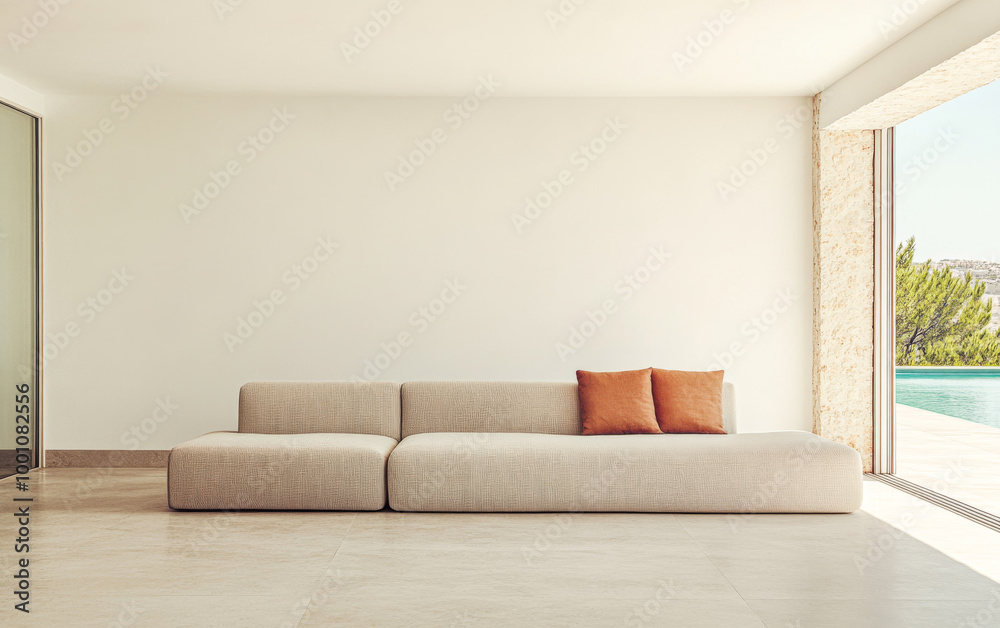 Modern living room with a minimalist design featuring a cozy sofa and large windows overlooking a serene outdoor space Modern living room with a minimalist design featuring a cozy sofa and large windows overlooking a serene outdoor space