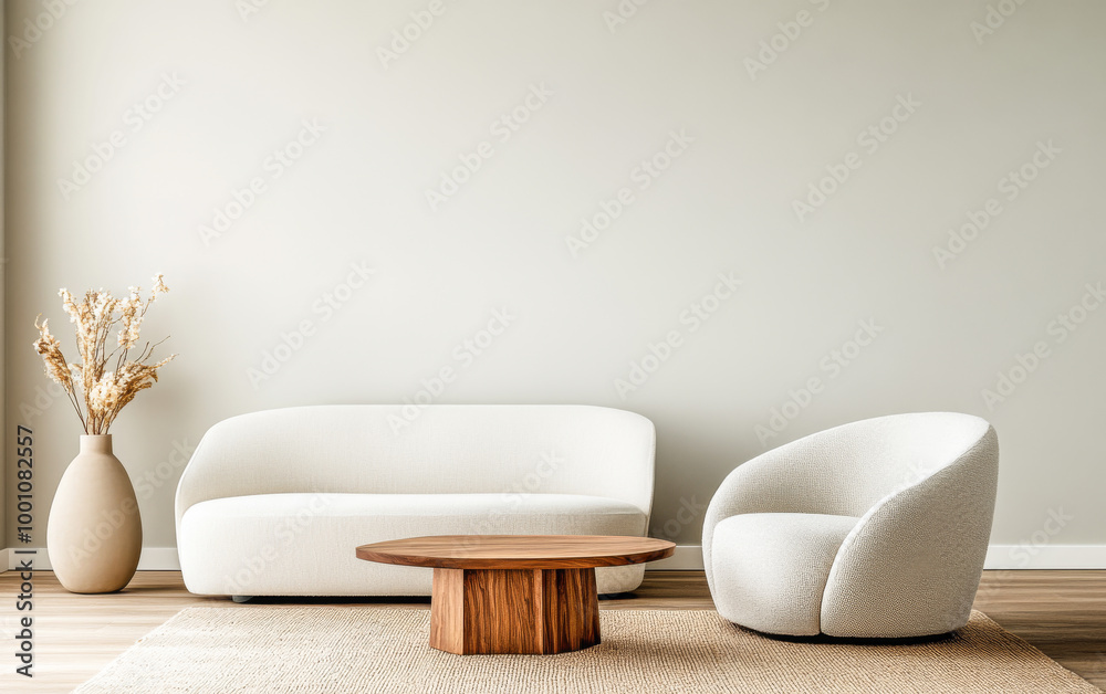Modern living room setup with white sofa and armchair beside wooden coffee table in minimalist design Modern living room setup with white sofa and armchair beside wooden coffee table in minimalist design