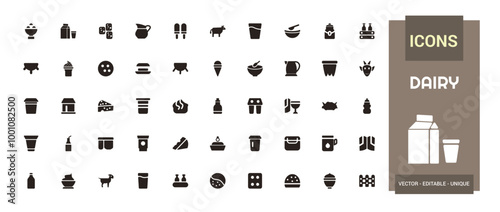 Dairy icons collection. Beverage flat set of dairy vector icons for ui design. Filled icon set, Solid icon pack. Vector illustration.