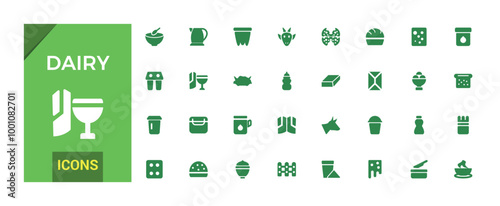 Dairy icons collection. Beverage flat set of dairy vector icons for ui design. Filled icon set, Solid icon pack. Vector illustration.