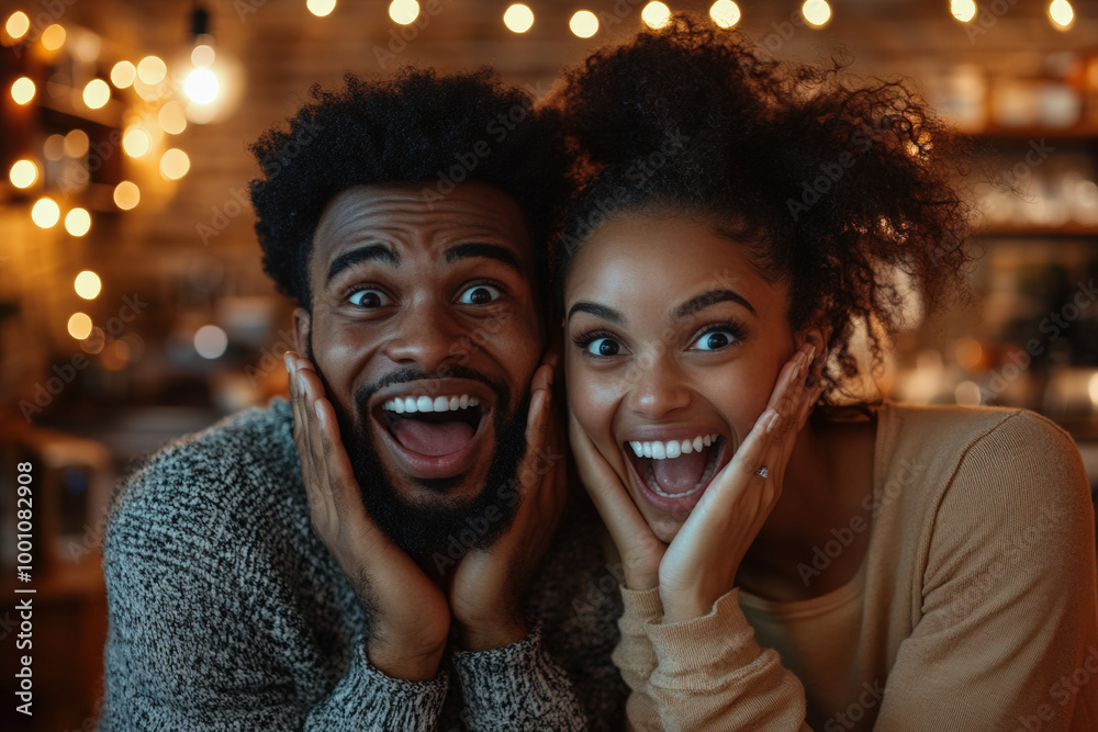 Joyful Couple Surprised in Cozy Evening Setting Joyful Couple Surprised in Cozy Evening Setting