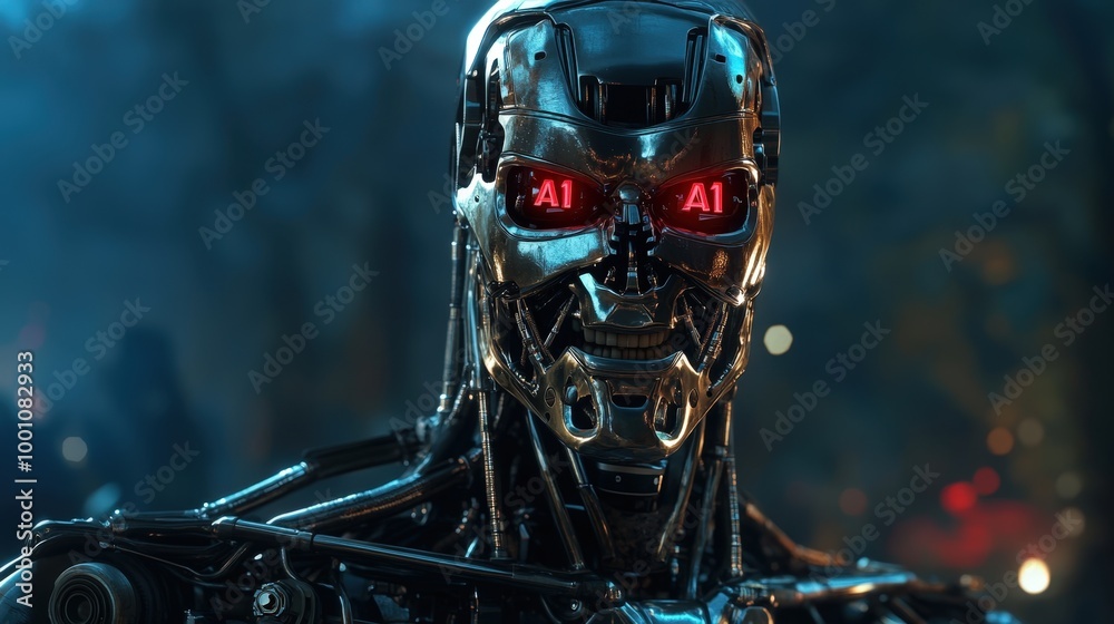 Fototapeta premium Futuristic robot cyborg with glowing red eyes
