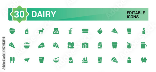 Dairy icons collection. Beverage flat set of dairy vector icons for ui design. Filled icon set, Solid icon pack. Vector illustration.