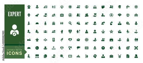Expert icon collection. Competence, expertise, knowledge, skill, glyph set for web and ui. Filled icon pack, Solid icons set. Vector illustration.