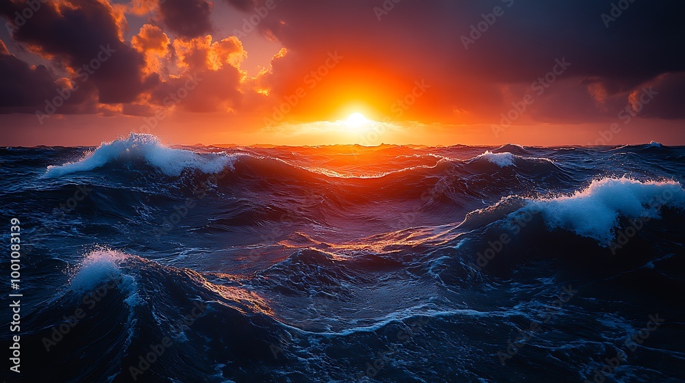 Fototapeta premium A fiery sunset over a stormy sea with dramatic waves and dark clouds.