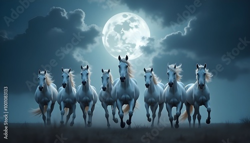 A group of majestic white horses gallop through a moonlit sky, their gleaming coats illuminated by the soft glow of the full moon.