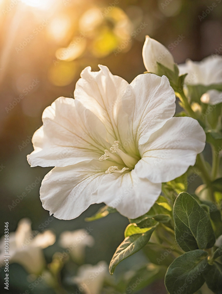 White Petunia Blossom with a Warm Sunset Glow in the Background White Petunia Blossom with a Warm Sunset Glow in the Background