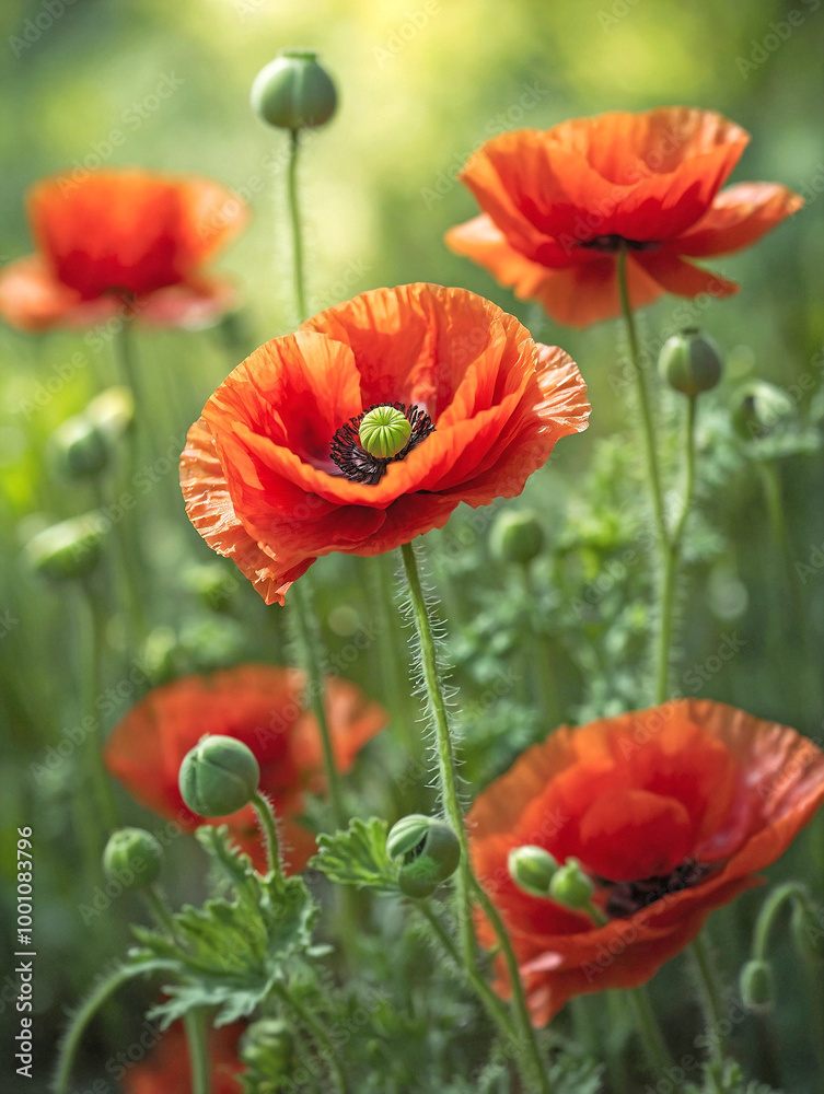 Fototapeta premium Vibrant Red Poppy with a Soft Green Blurred Background