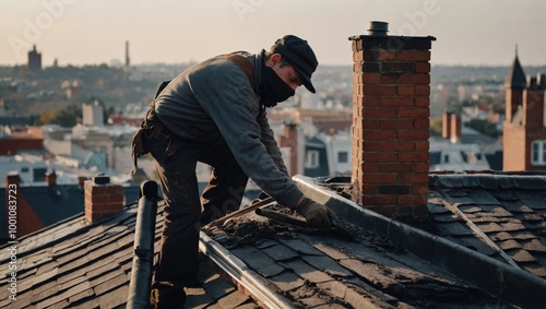 A chimney sweep cleans a chimney on the roof of a building