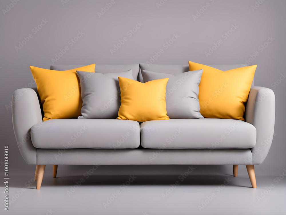 Modern cozy fabric sofa with a pillow on legs on yellow gray background Modern cozy fabric sofa with a pillow on legs on yellow gray background