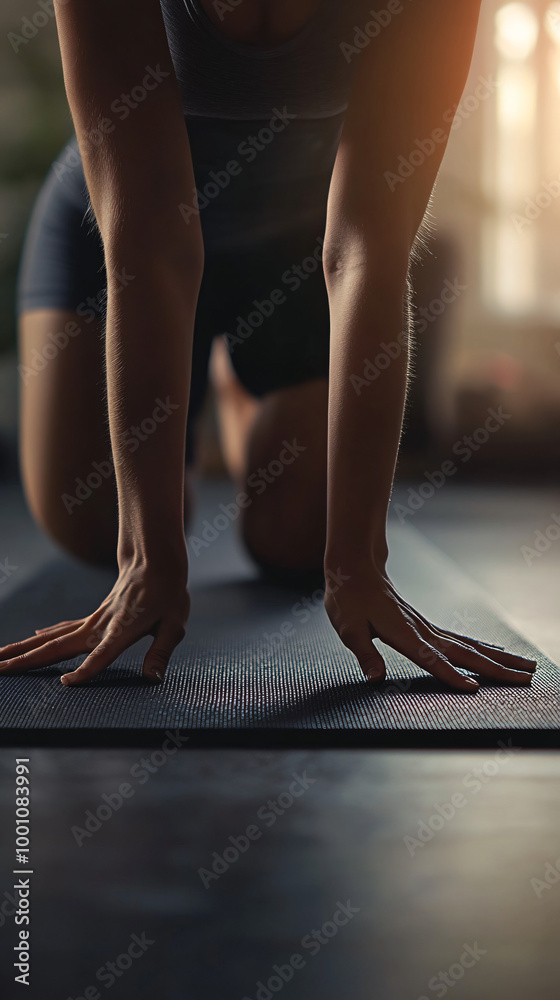 Young woman is doing a back stretch on a yoga mat, kneeling and placing her hands on the floor Young woman is doing a back stretch on a yoga mat, kneeling and placing her hands on the floor