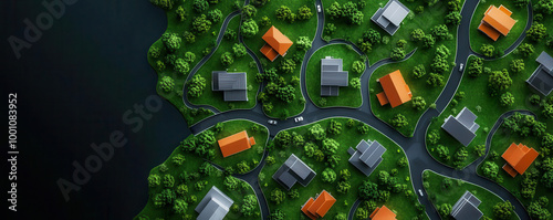 Aerial view of a vibrant, green landscape featuring houses, winding roads, and a nearby body of water, showcasing a serene residential community.