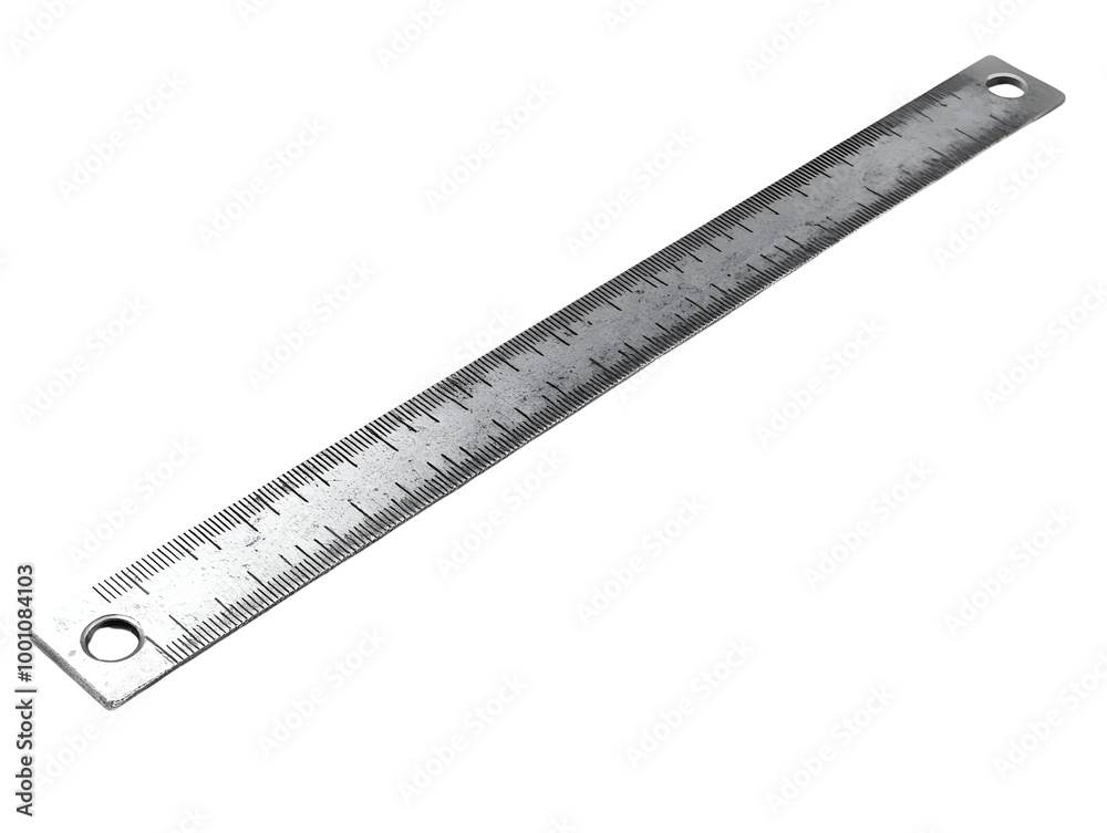A metal ruler with clear measurements, ideal for precision work, set against a white isolated background. A metal ruler with clear measurements, ideal for precision work, set against a white isolated background.