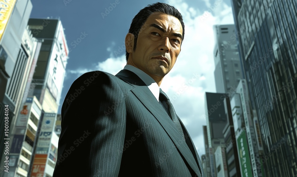 Man in suit, city backdrop, serious expression. Man in suit, city backdrop, serious expression.