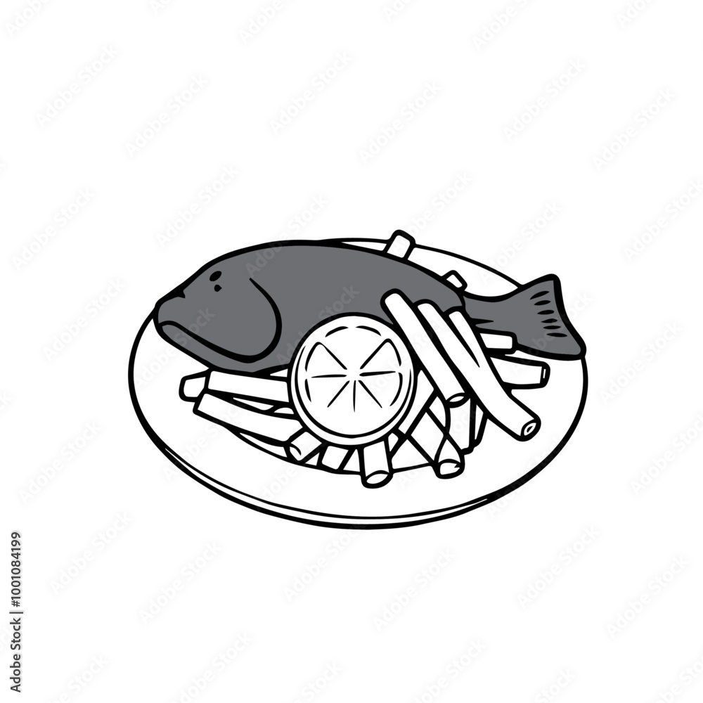 Fish and Chips with Lemon Slice – Classic British Fare Black Outline Vector Illustration Fish and Chips with Lemon Slice – Classic British Fare Black Outline Vector Illustration