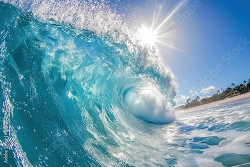 Crashing ocean wave with sunlight