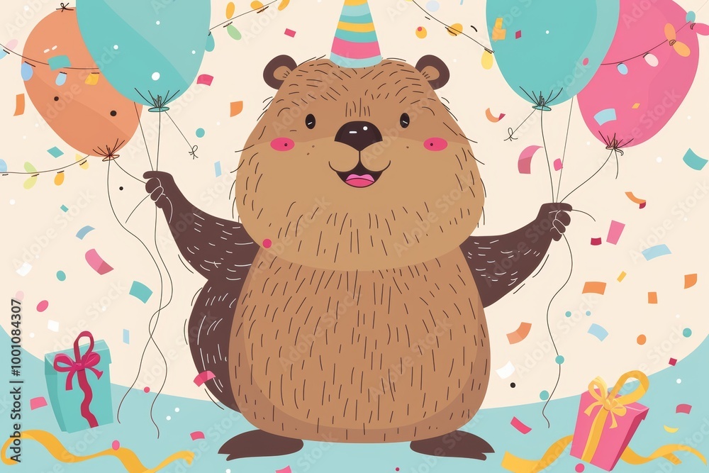 Obraz premium Festive bear with balloons and confetti