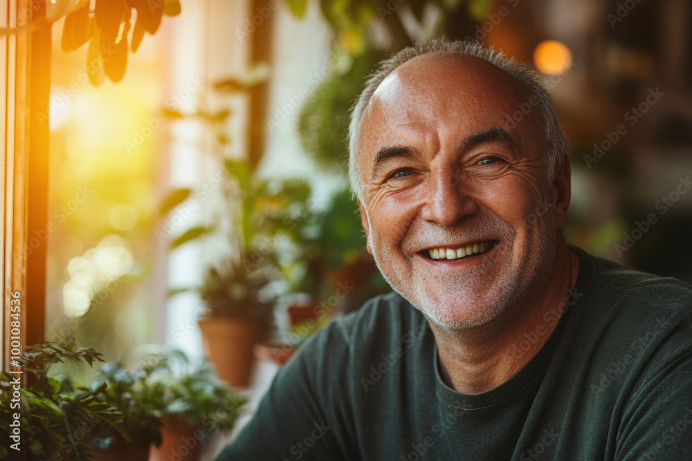 Happy Senior Man Enjoying Morning Sunlight in Garden Happy Senior Man Enjoying Morning Sunlight in Garden