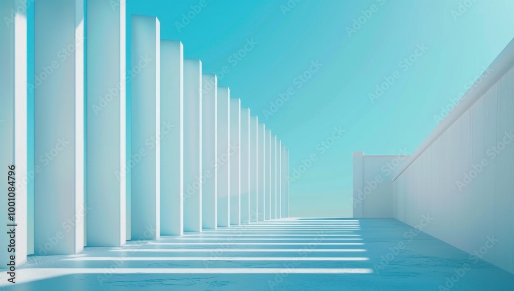 Minimalistic architectural perspective with white columns and blue sky in the background, showcasing modern design elements Minimalistic architectural perspective with white columns and blue sky in the background, showcasing modern design elements