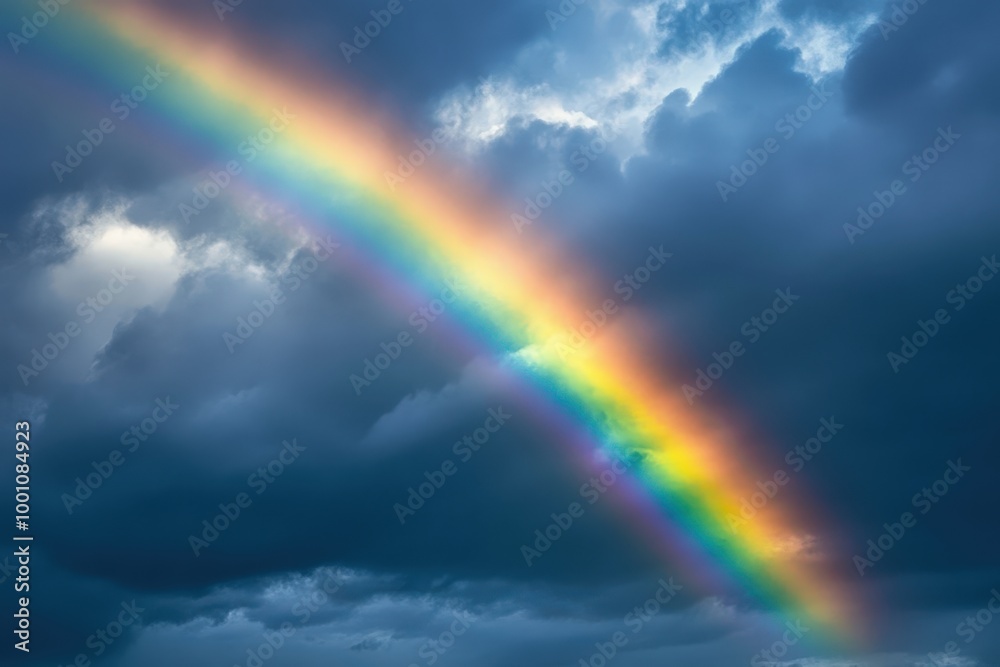 Vibrant rainbow in dramatic cloudy sky Vibrant rainbow in dramatic cloudy sky