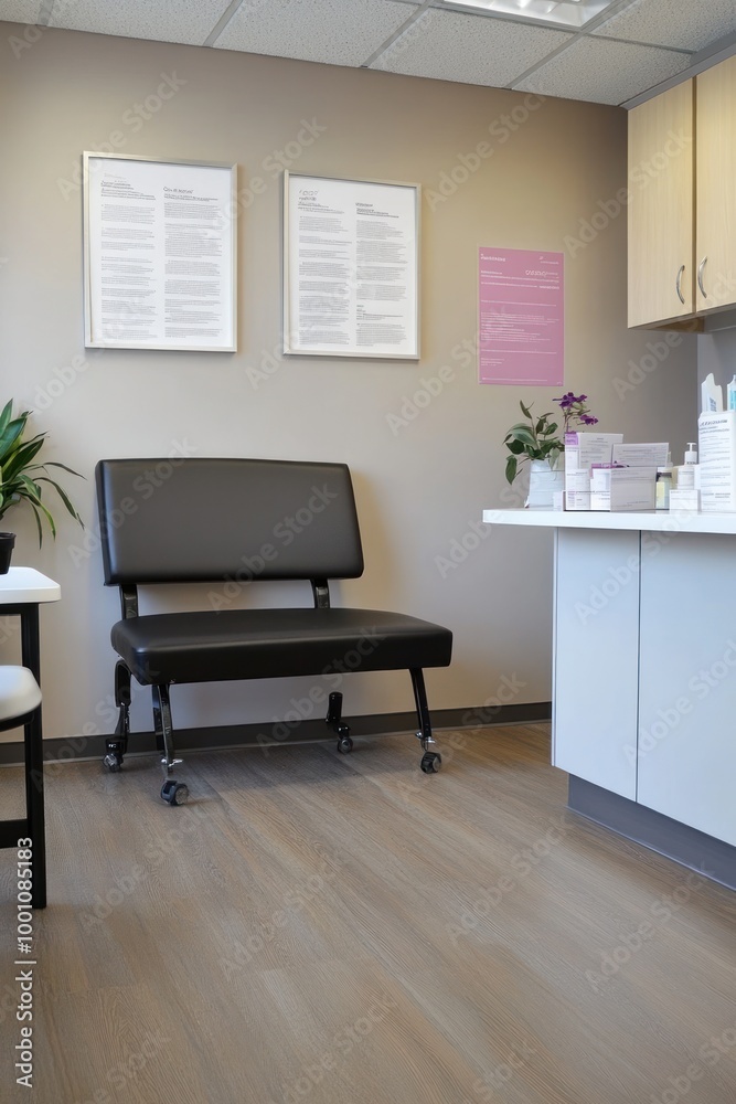 Fototapeta premium A clean and modern waiting room with a bench and plants, designed for patient comfort.