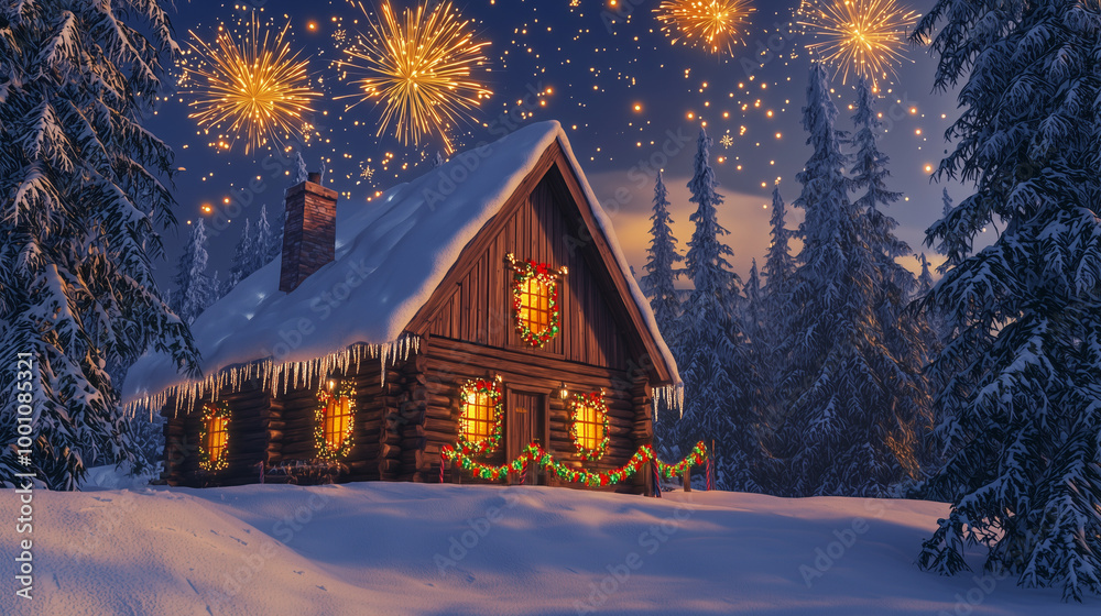 Cozy snow-covered cabin in a winter forest, decorated with Christmas lights. Fireworks light up the sky, creating a festive holiday scene, perfect for Christmas and New Year themes.