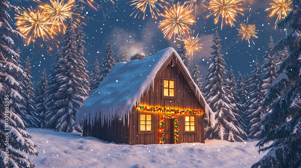 Cozy snow-covered cabin in a winter forest, decorated with Christmas lights. Fireworks light up the sky, creating a festive holiday scene, perfect for Christmas and New Year themes. Cozy snow-covered cabin in a winter forest, decorated with Christmas lights. Fireworks light up the sky, creating a festive holiday scene, perfect for Christmas and New Year themes.