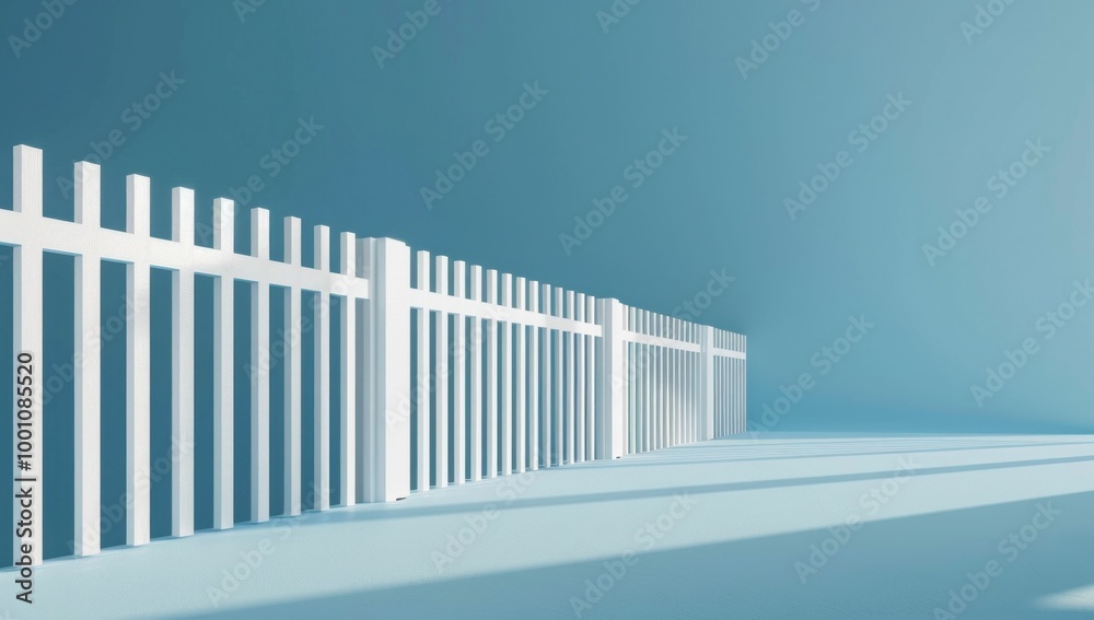 Minimalist white fence against a soft blue gradient background, creating a serene and calm atmosphere Minimalist white fence against a soft blue gradient background, creating a serene and calm atmosphere
