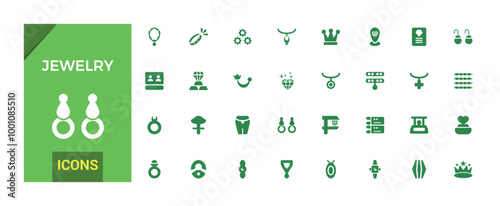 Set of jewelry icons collection. Simple solid art style icon pack. Filled glyph set for web and ui. Solid icons set. Vector illustration.