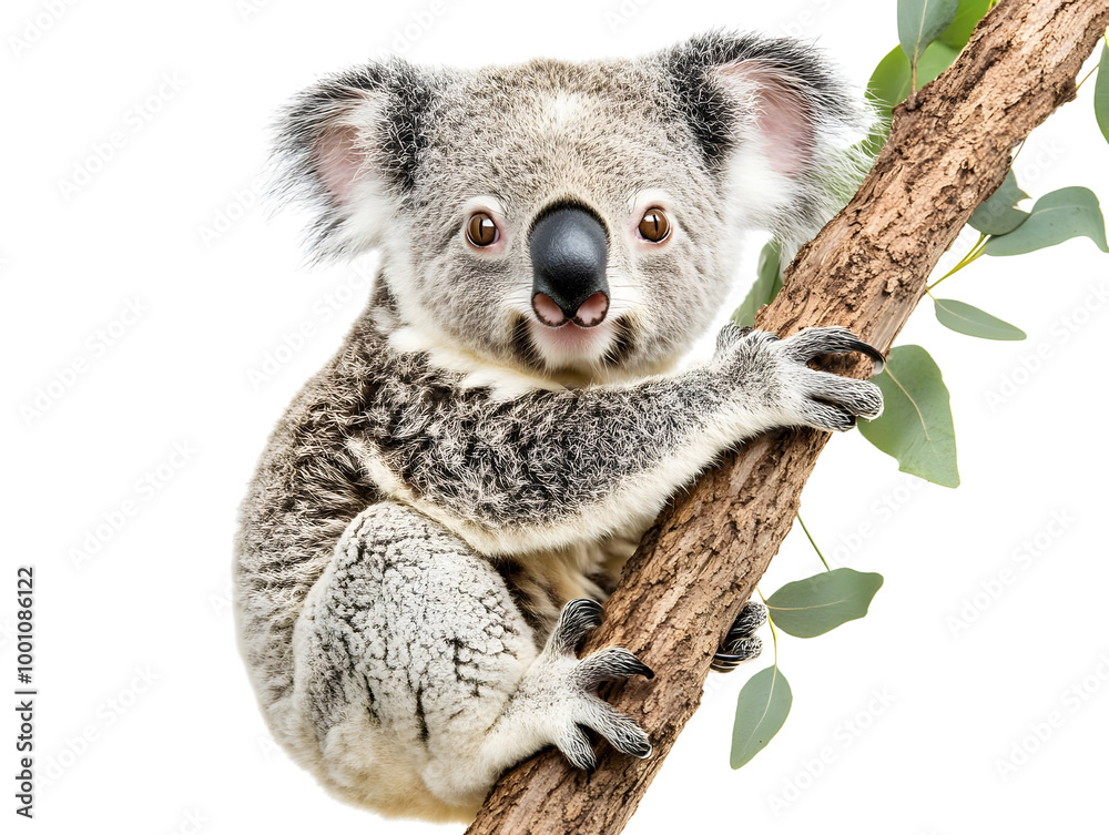 Fototapeta premium A cute koala sitting on a tree branch, surrounded by green leaves, against a white isolate background.