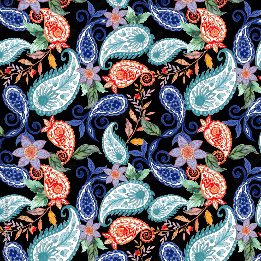 Naklejka premium Fantasy flowers in retro, vintage, paisley jacobean damask embroidery style.