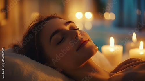 A Caucasian woman is reclining in a tranquil spa environment, her eyes closed and a peaceful expression on her face. Soft candlelight creates a warm ambiance as she unwinds