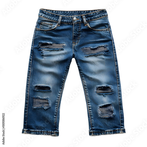 Stylish ripped denim jeans on a white isolated background, showcasing modern fashion trends and casual wear. photo