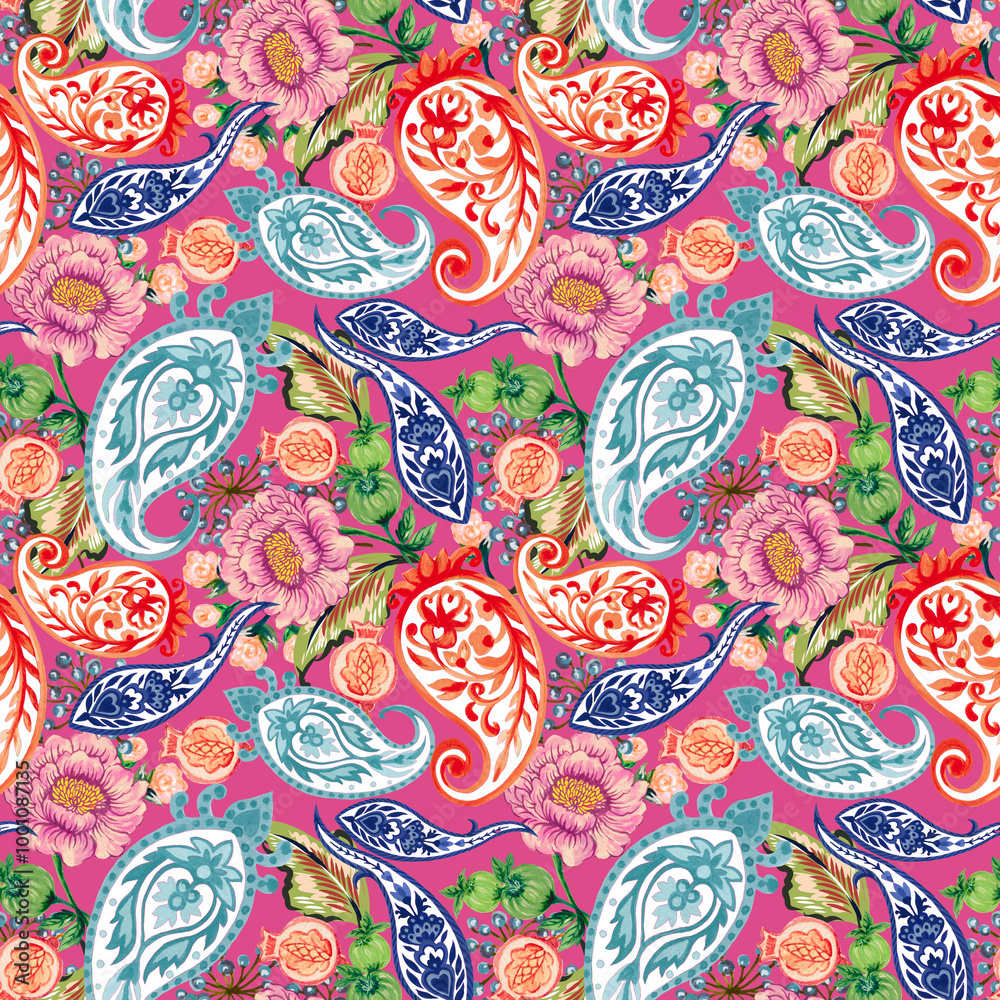 Naklejka premium Fantasy flowers in retro, vintage, paisley jacobean damask embroidery style.