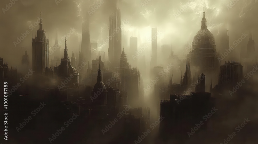 Fototapeta premium Victorian cityscape with steampowered machines, steampunk, sepia, detailed illustration