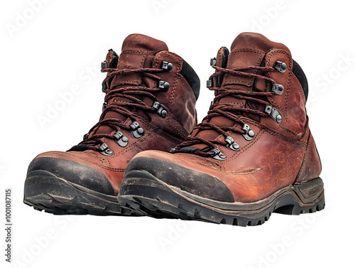 Brown hiking boots on a white isolated background, perfect for outdoor adventures and exploration. photo