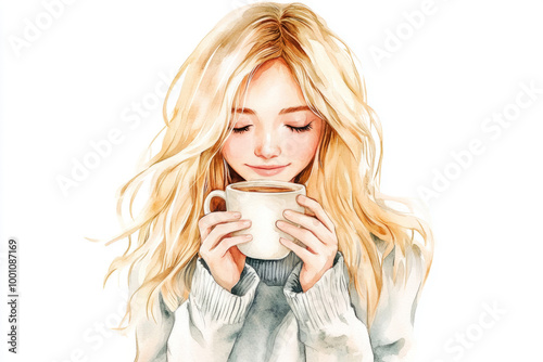 a watercolor clipart, a cute girl with blonde hair and a cup of coffee in her hands.