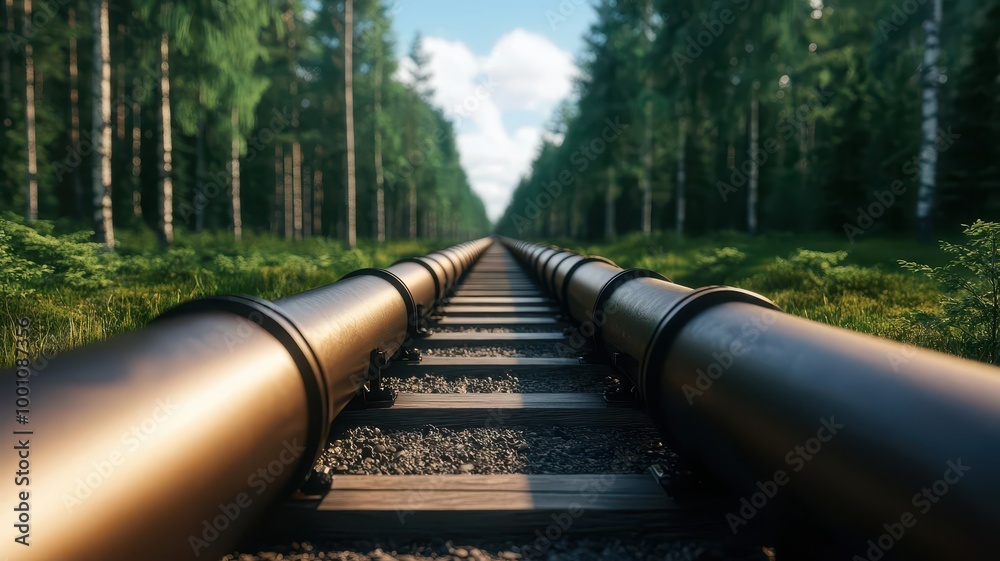 A scenic view of railway tracks flanked by pipelines, surrounded by lush greenery and trees under a clear blue sky. A scenic view of railway tracks flanked by pipelines, surrounded by lush greenery and trees under a clear blue sky.