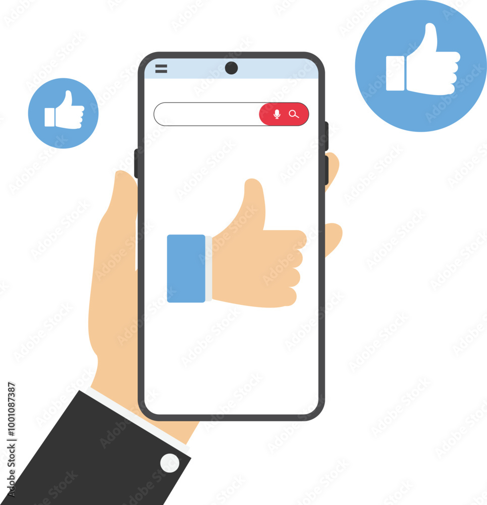 Arms hold use smart phone typing and give a thumbs. Flat vector illustration
Arms hold use smart phone typing and give a thumbs. Flat vector illustration
