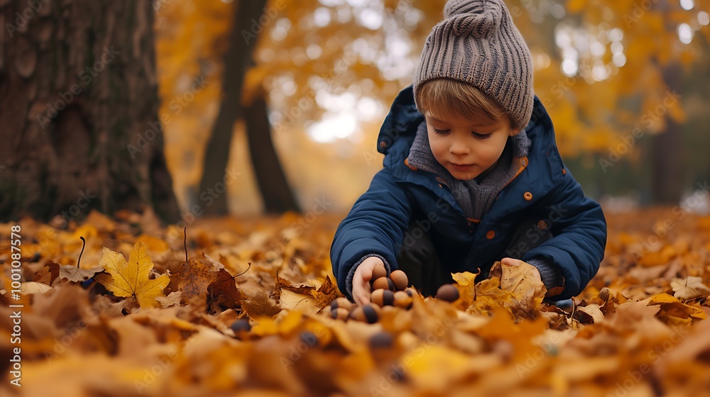 A young boy collecting acorns under an oak tree, surrounded by a carpet of fallen autumn leaves. A young boy collecting acorns under an oak tree, surrounded by a carpet of fallen autumn leaves.