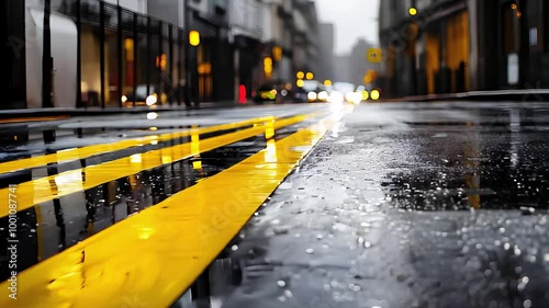 Rainy city street with vibrant yellow road markings reflecting on wet pavement, showcasing urban atmosphere and moody weather.