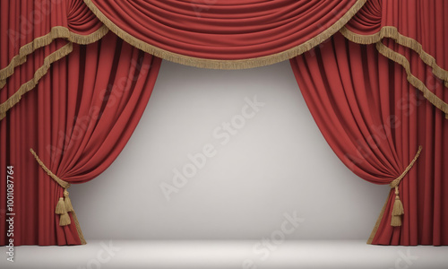 Red velvet curtains with gold tassels are pulled back to reveal a stage photo