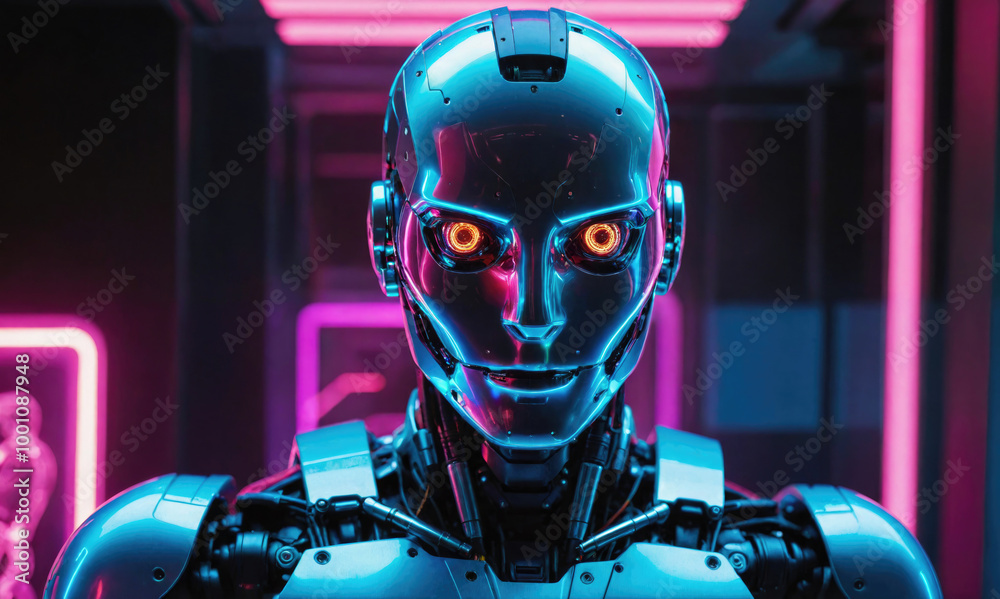A metallic robot stares into the camera, its glowing eyes reflecting the pink and blue neon lights behind it A metallic robot stares into the camera, its glowing eyes reflecting the pink and blue neon lights behind it