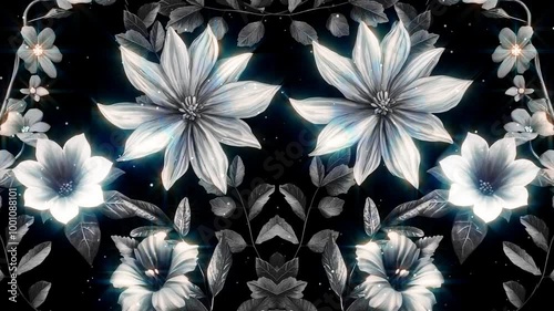 Animated Mirrored Tropical black And White Floral, Leaf Background with particles