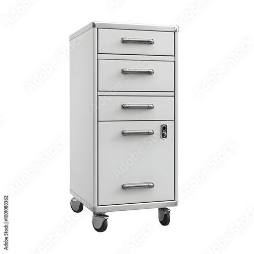 Metal filing cabinet on wheels, featuring four drawers and a secure lock, ideal for office organization.