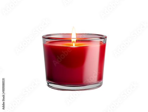 A glowing red candle in a glass holder, bringing warmth and ambiance to any setting.