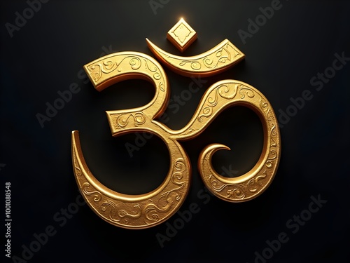 Shining Om symbol of Hinduism on the wall with warm yellow rays of light - 3D illustration